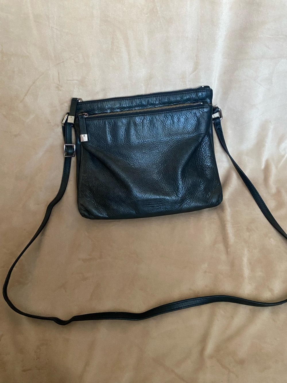 margot Black Leather Zip-Top Crossbody with Logo Interior